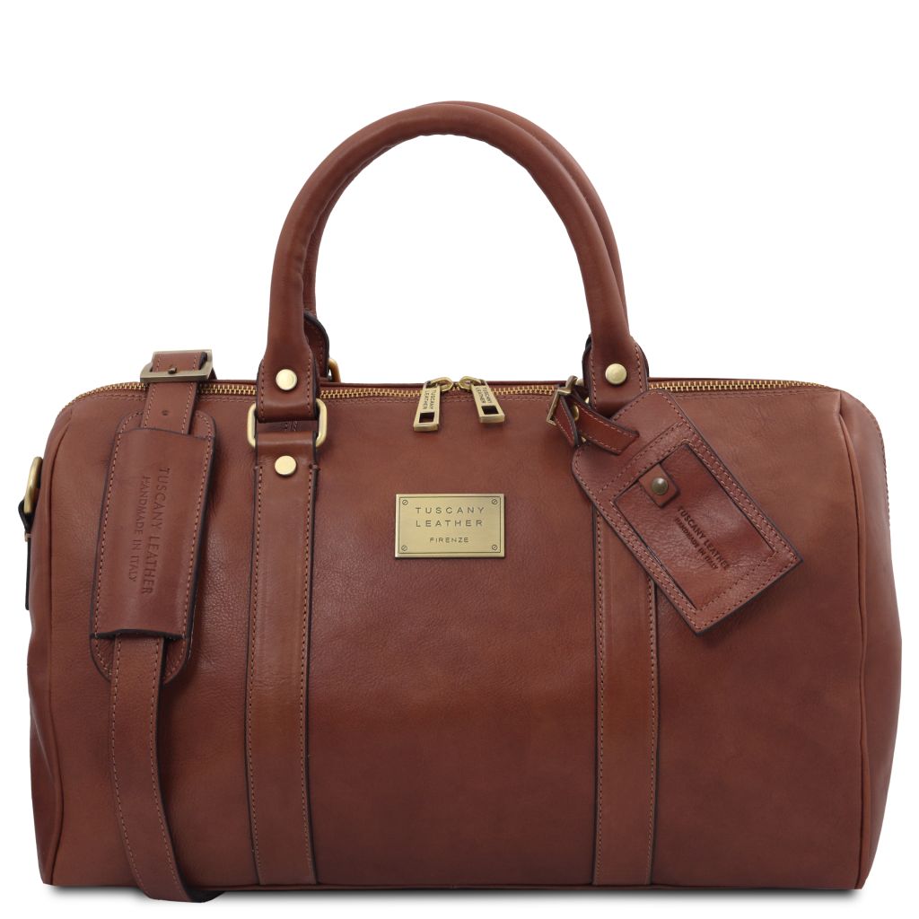 tl-voyager-travel-leather-duffle-bag-with-pocket-on-the-back-side-small-size-tl141250 - Ruskea