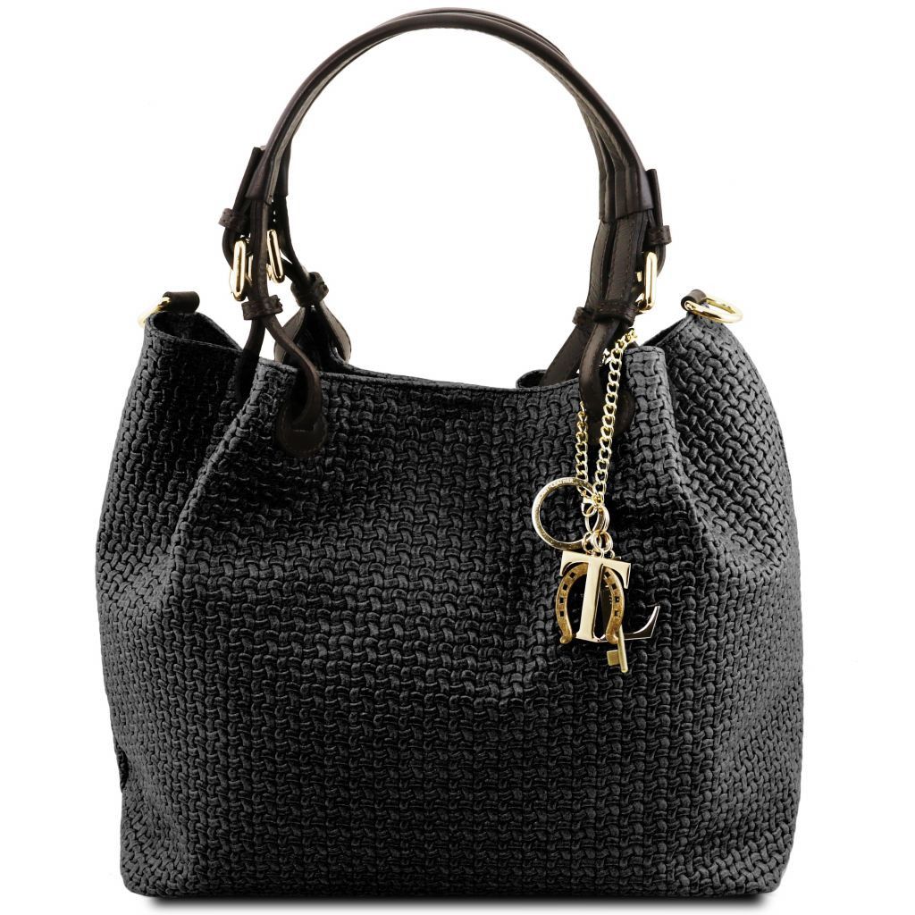tl-keyluck-woven-printed-leather-shopping-bag-tl141573 - Musta