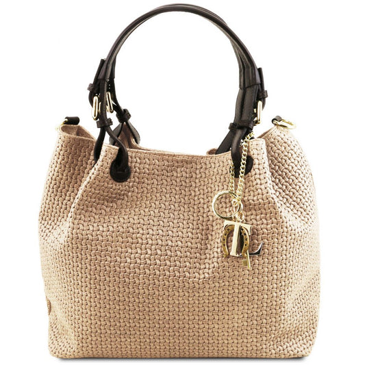 tl-keyluck-woven-printed-leather-shopping-bag-tl141573 - Beige