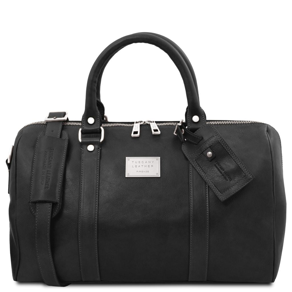 tl-voyager-travel-leather-duffle-bag-with-pocket-on-the-back-side-small-size-tl141250 - Musta