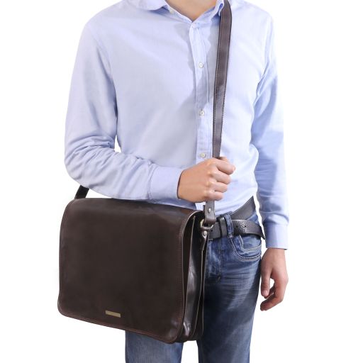 messenger-double-crossbody-leather-bag-tl90475 - Tummanruskea - kuva 8