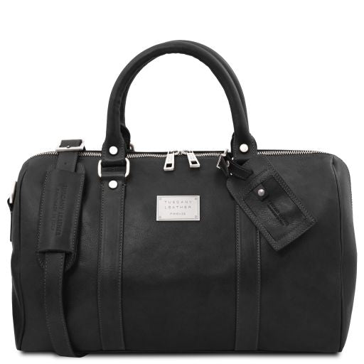 tl-voyager-travel-leather-duffle-bag-with-pocket-on-the-back-side-small-size-tl141250 - Musta