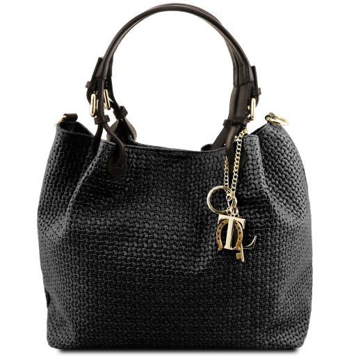 tl-keyluck-woven-printed-leather-shopping-bag-tl141573 - Musta